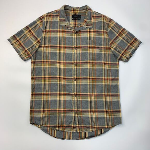 Pacsun Shirt Mens XL Extra Large Longer Fit Gray Plaid Short Sleeve Dropcut Hem - Picture 2 of 10